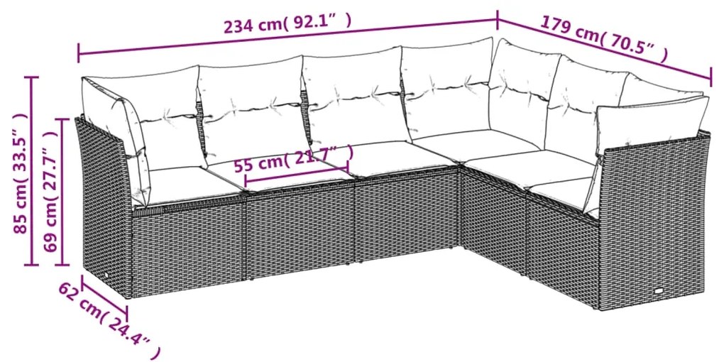 Set divano da giardino 6pz con cuscini grigio chiaro polyrattan