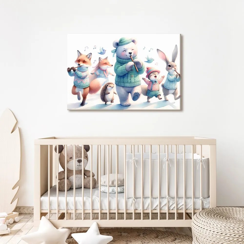 Quadro su tela – Parata musicale di animali nel paesaggio invernale