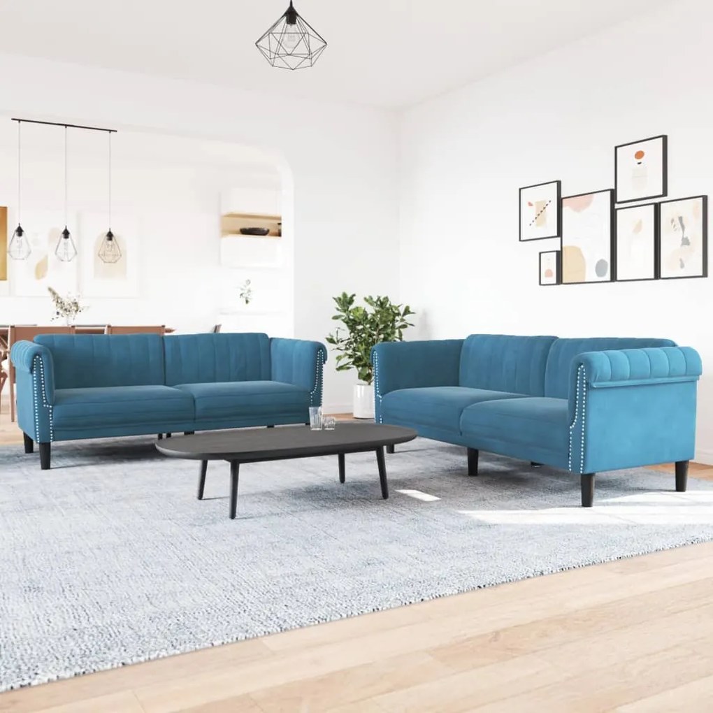 Set Di Divani 2 Pz Blu İn Velluto /