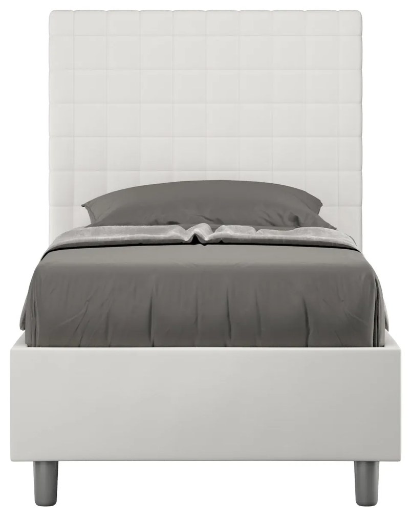 Letto Singolo 80x190 Sunny in Similpelle con Contenitore - L.95xP.210 H.122 cm, Made in Italy, Bianco / Con Rete