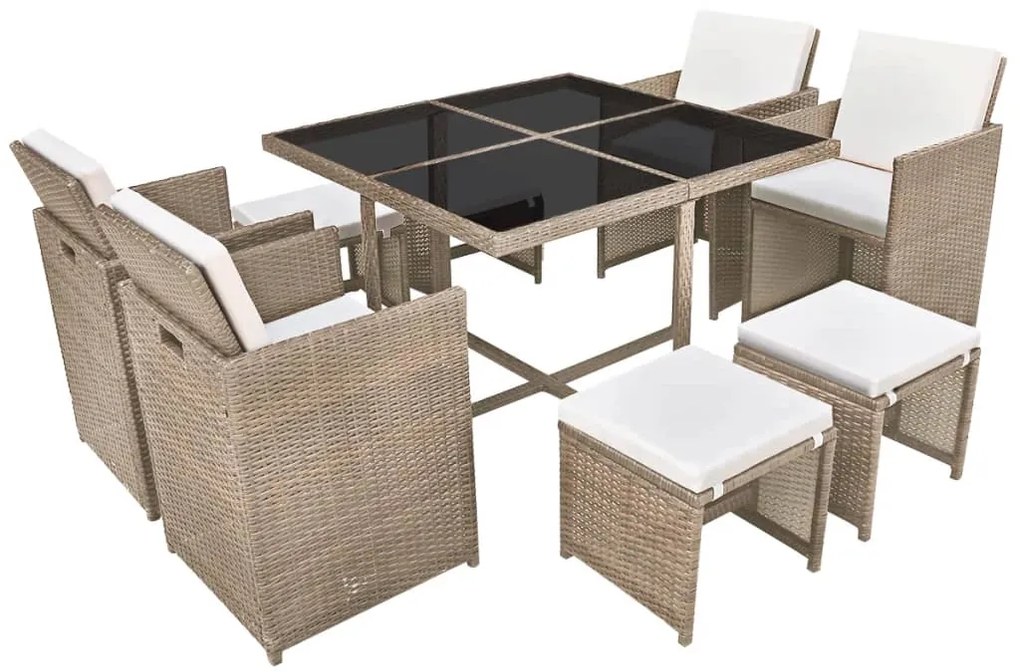 Set da pranzo da giardino 9 pz con cuscini in polyrattan beige