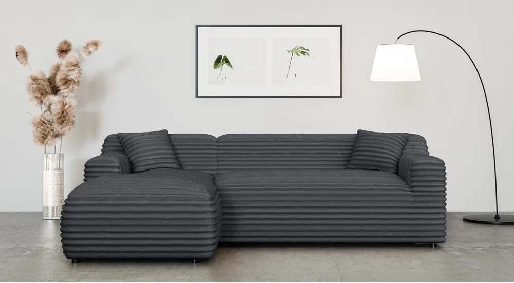 Divano angolare grigio scuro (con penisola a sinistra e chaise lounge) rivestito in velluto a coste Martin – Ropez