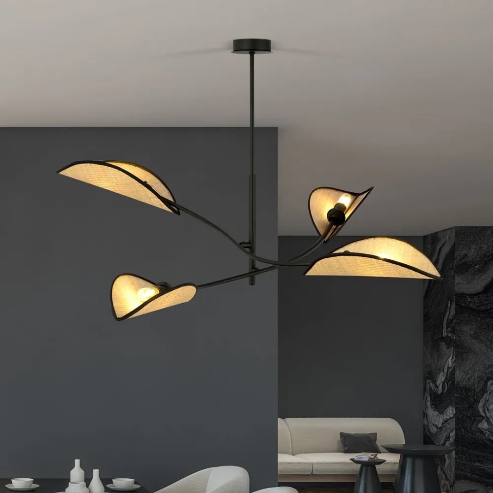 Lampadario a Sospensione in Acciaio e Tessuto LOTUS 4 Nero 4xE14 Colore del corpo Nero e Rattan