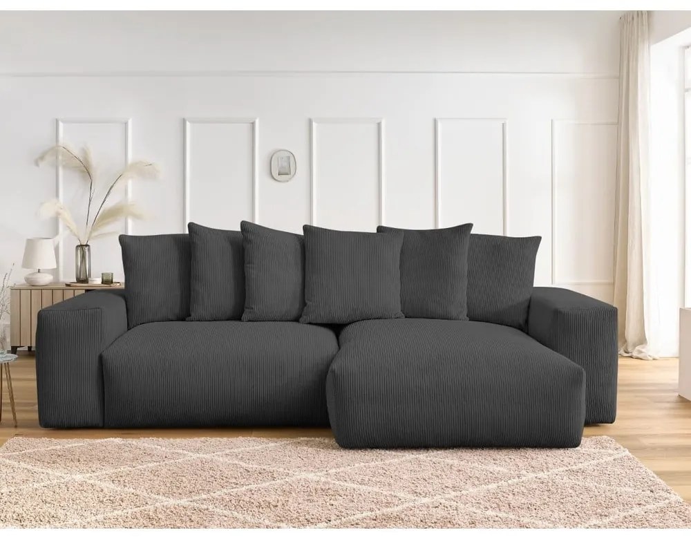 Divano angolare grigio scuro allungabile e con contenitore rivestito in velluto a coste Voltaire – Bobochic Paris