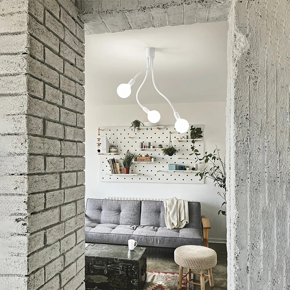 Plafoniera Industrial-Minimal-Nordico Bulbo Metallo Bianco 3 Luci E27