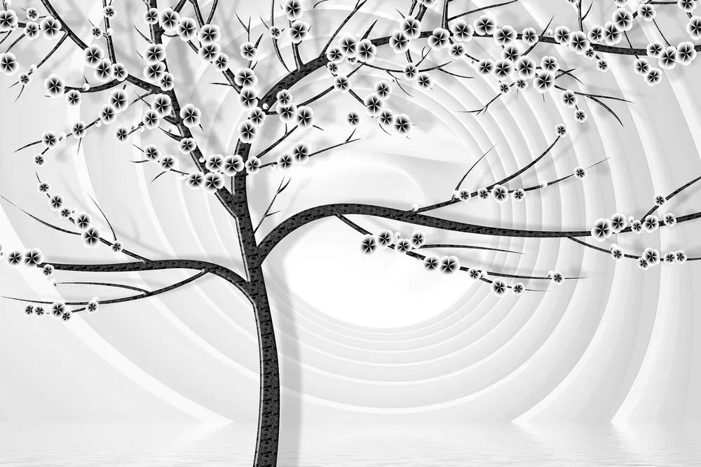 Stampa su tela – Albero moderno in bianco e nero su sfondo astratto