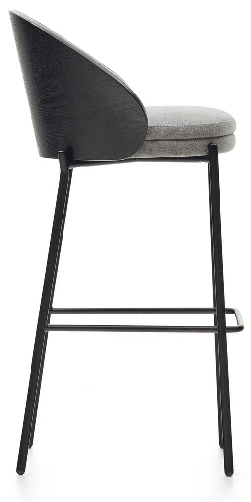 Kave Home - Sgabello Eamy in ciniglia grigio chiaro impiallacciato frassino finitura nera, metallo ner