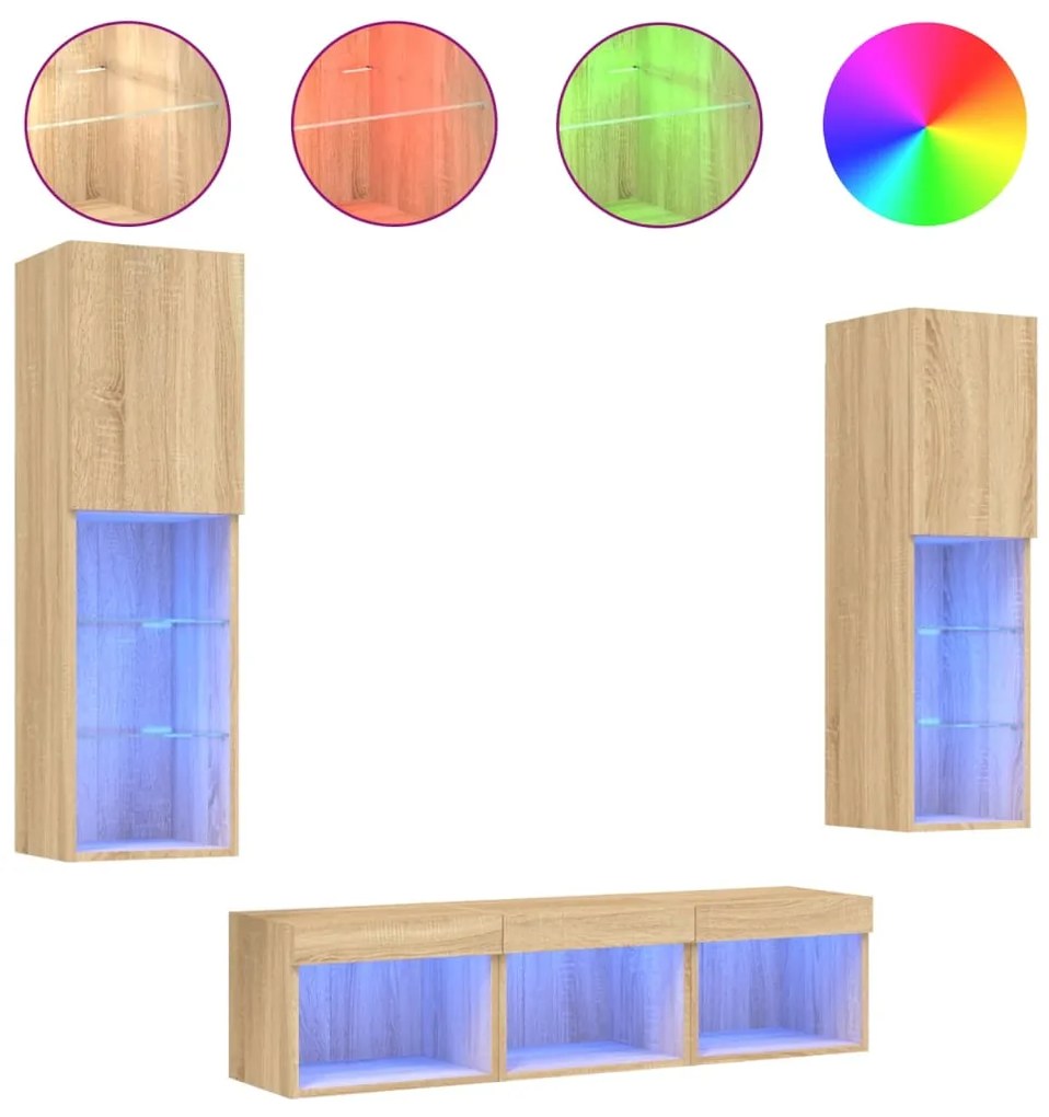 Mobili tv a muro con led 5pz rovere sonoma legno multistrato