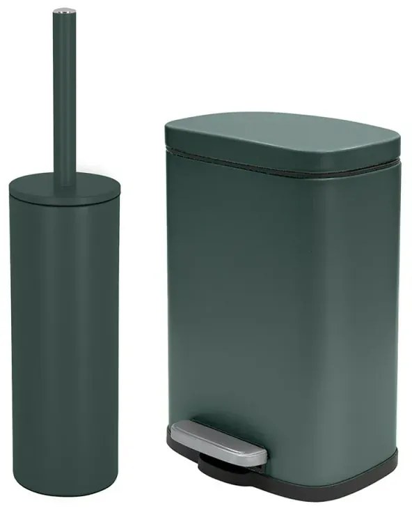 Set pattumiera 5lt a pedale e portascopino in acciaio verde scuro opaco Axin