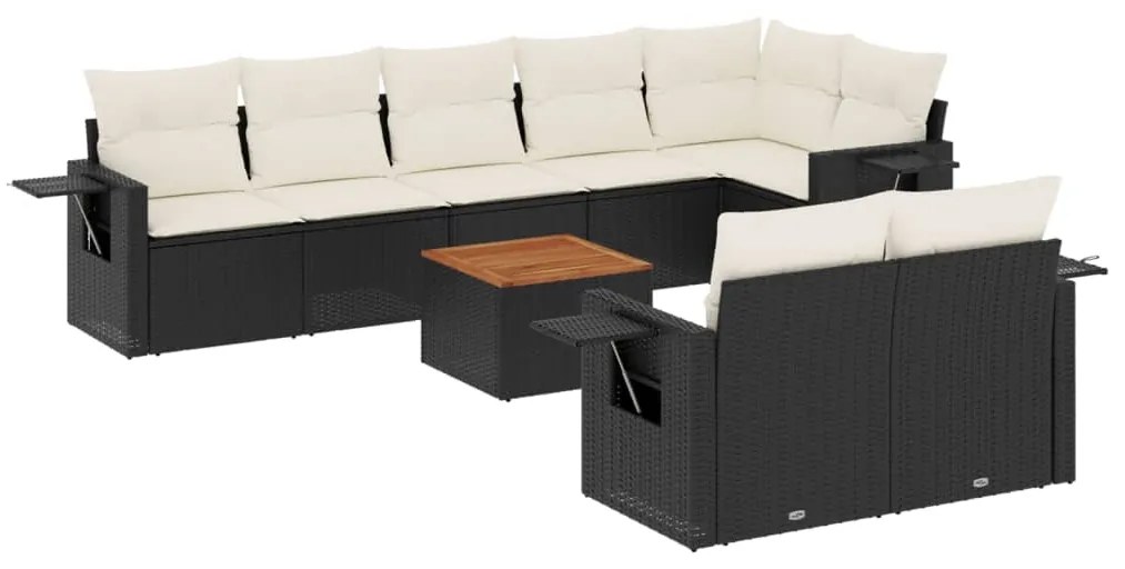 Set divani da giardino 9 pz con cuscini nero in polyrattan