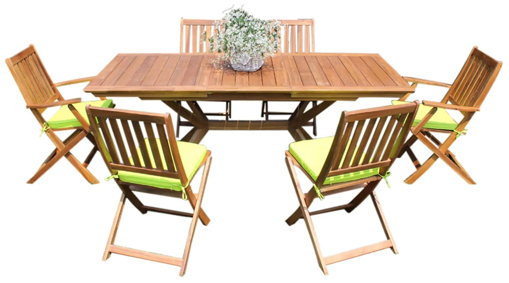 CAESAR - set tavolo in legno massiccio di acacia cm 150/200 x 90 x 78 h con 4 sedie e 2 poltrone Dresda