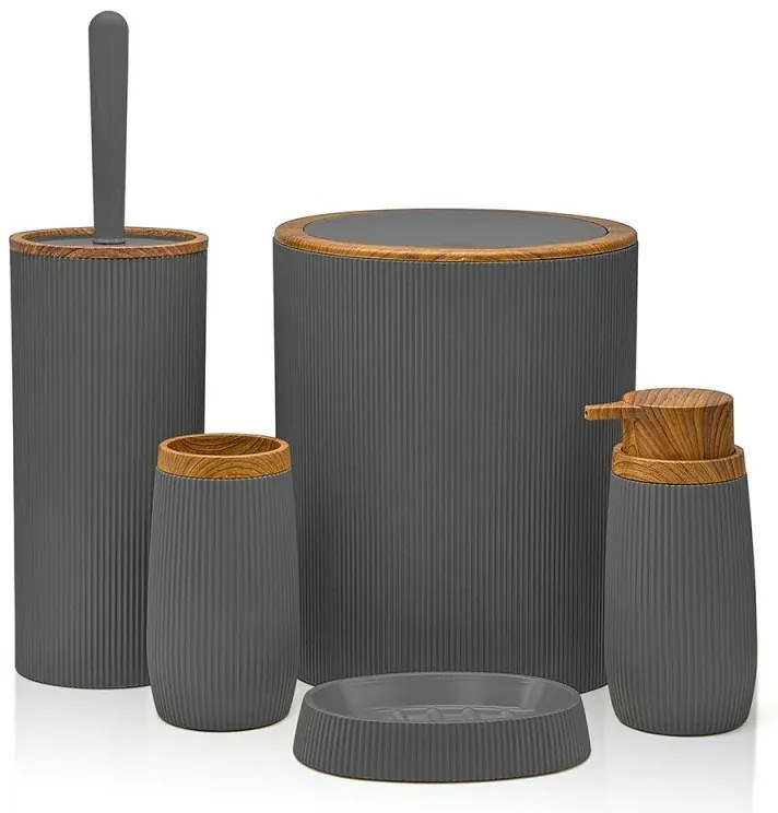 Set 2 pezzi Porta scopino e Pattumiera 5lt Grigio dettagli effetto legno Blob