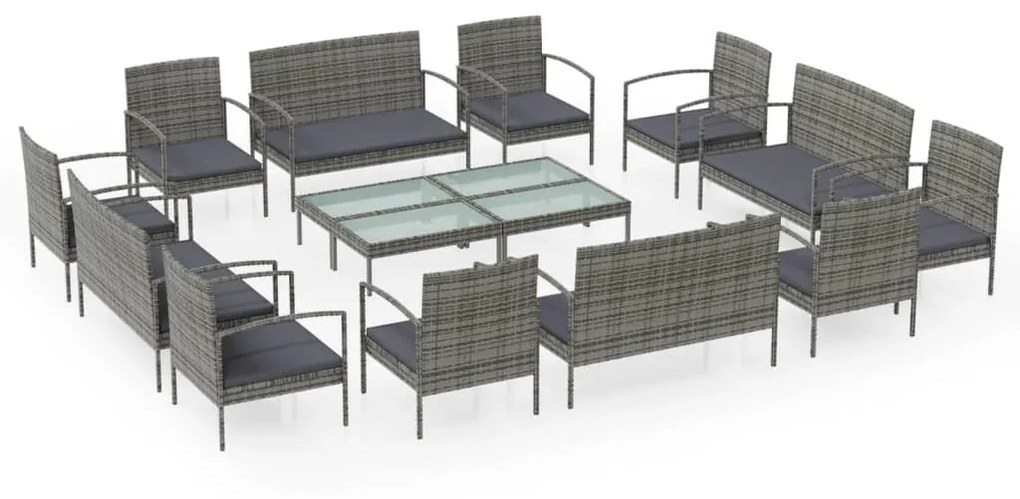 Set Divani da Giardino 16 pz con Cuscini in Polyrattan Grigio