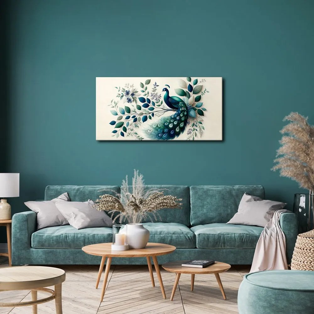 Quadro su tela – Pavone blu in composizione floreale