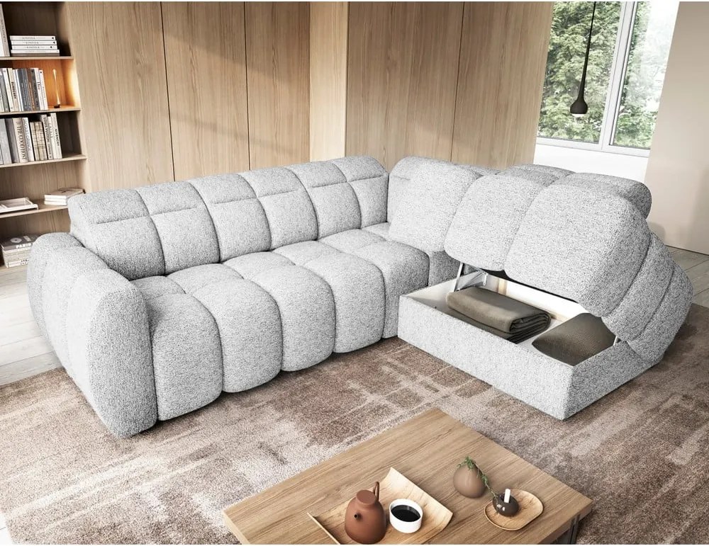 Divano angolare grigio chiaro allungabile/con contenitore (con penisola a destra/a L) e rivestimento in bouclé Falconn – ELTAP