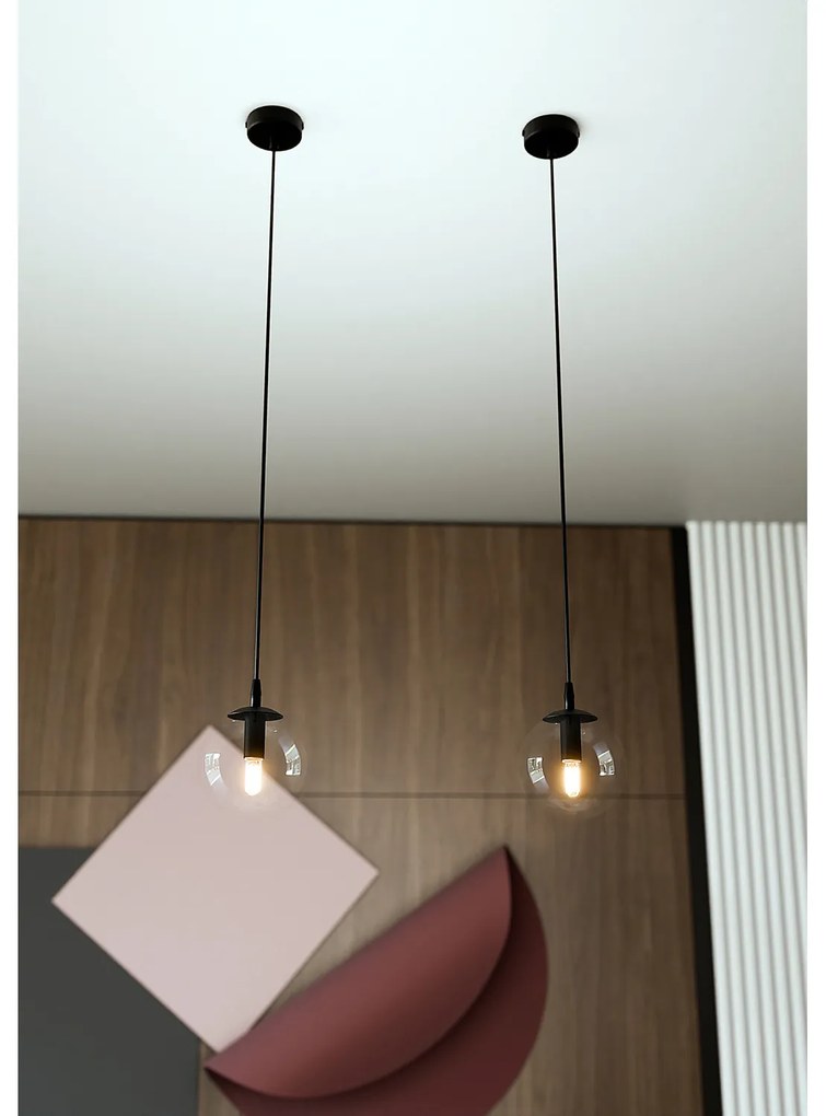 Sospensione Moderna 1 Luce Kali In Acciaio Nero E Sfera In Vetro Trasparente
