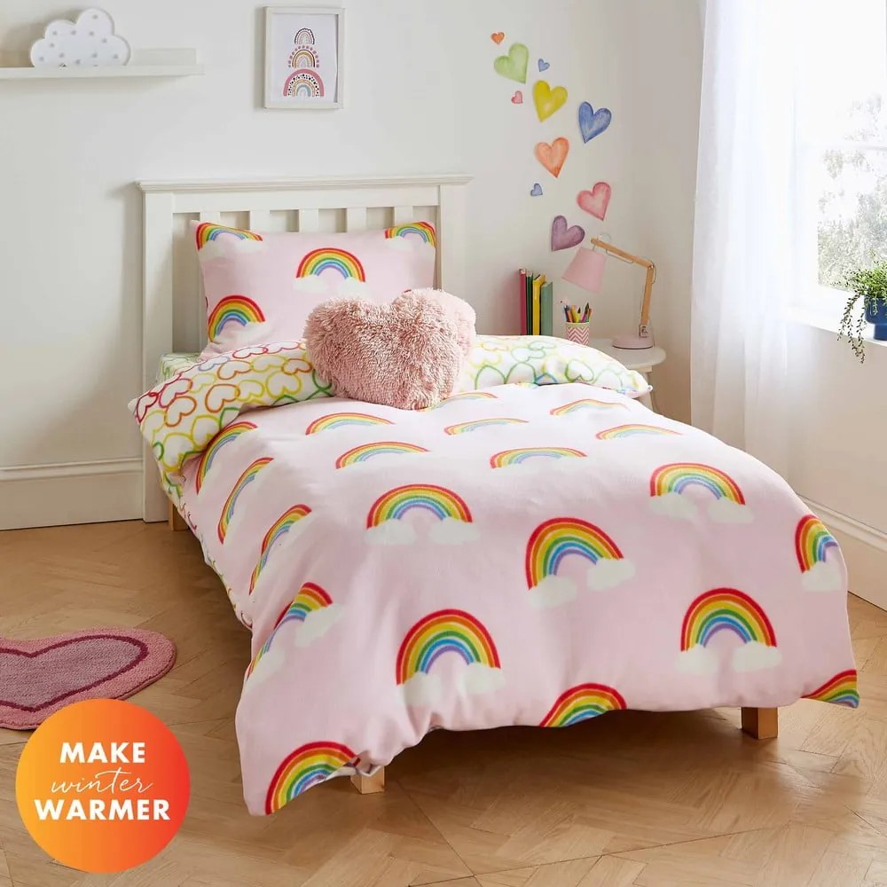 Biancheria da letto singola per bambini in flanella 135x200 cm Rainbow Hearts - Catherine Lansfield