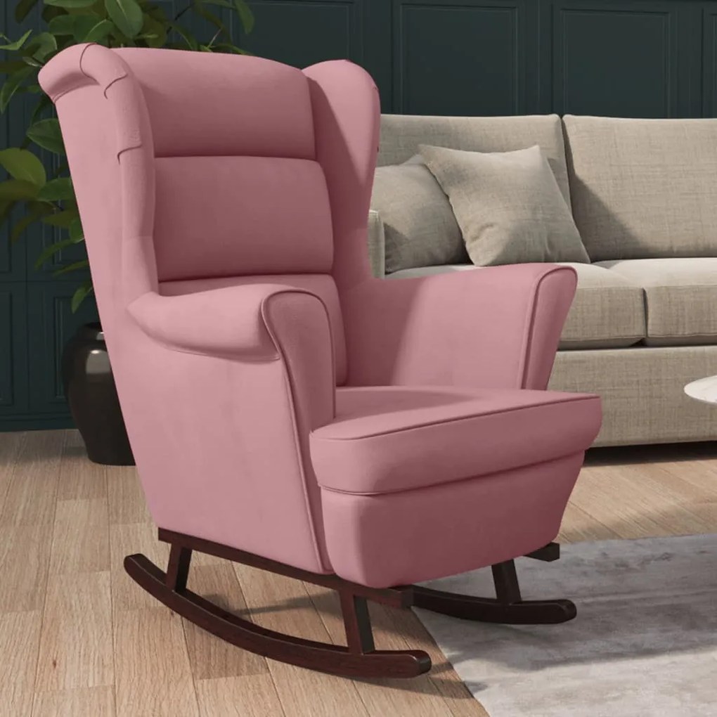 Sedia A Dondolo Con Gambe İn Massello Di Hevea Rosa İn Velluto /