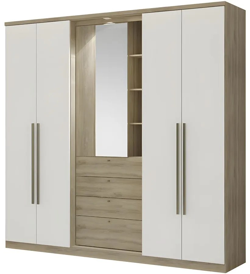 Armadio 4 ante con specchio e cassetti L.240cm Quercia e avorio - ISAK