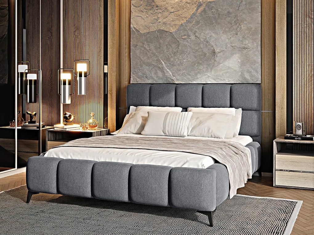 Letto matrimoniale con box contenitore California - 160 x 200 cm , Tessuto grigio