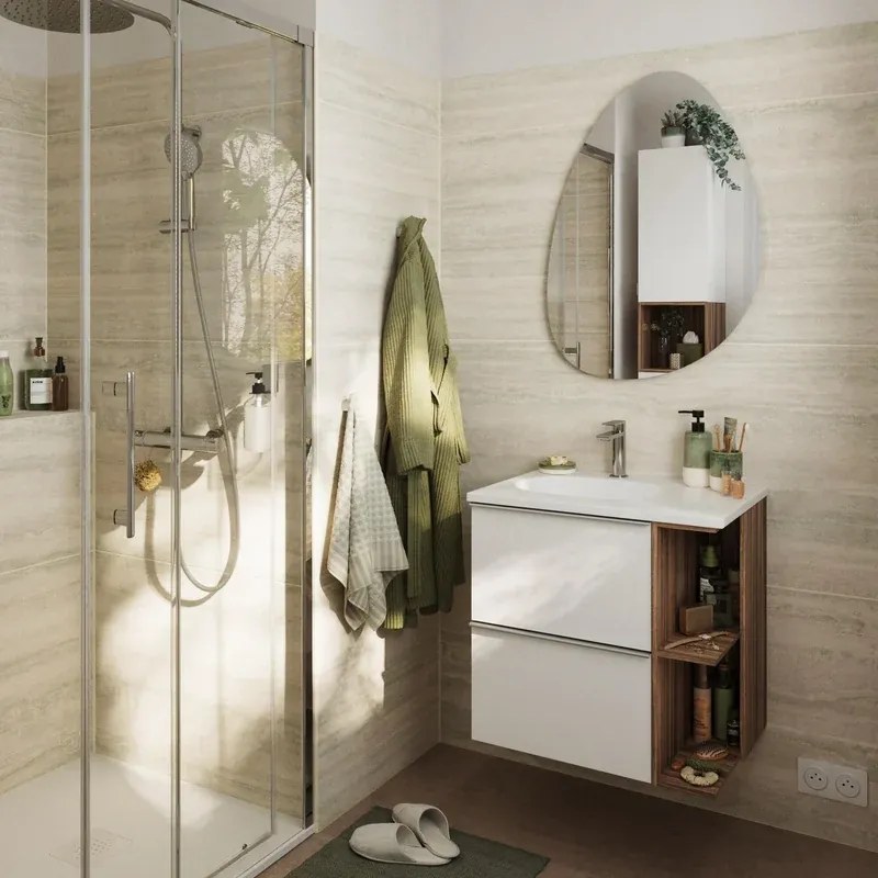 Mobile da bagno sotto lavabo Modern bianco e noce  lamellare opaco L 60 x H 55 x P 45 cm 2 cassetti, lavabo non incluso