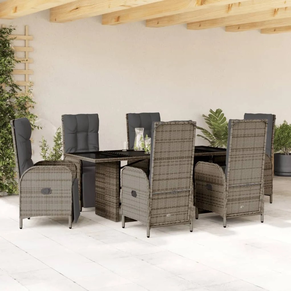 Set Da Pranzo Da Giardino 7 Pz Con Cuscini İn Polyrattan Grigio /