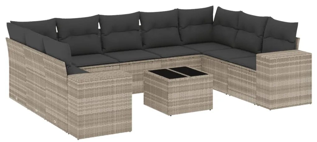 Set divano giardino 10 pz con cuscini grigio chiaro polyrattan