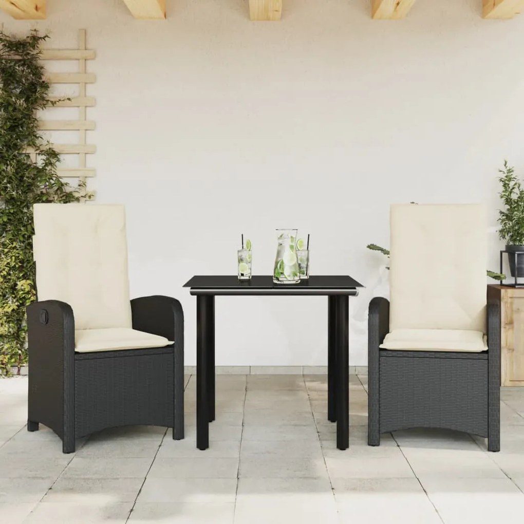 Set da pranzo da giardino 3 pz con cuscini nero in polyrattan