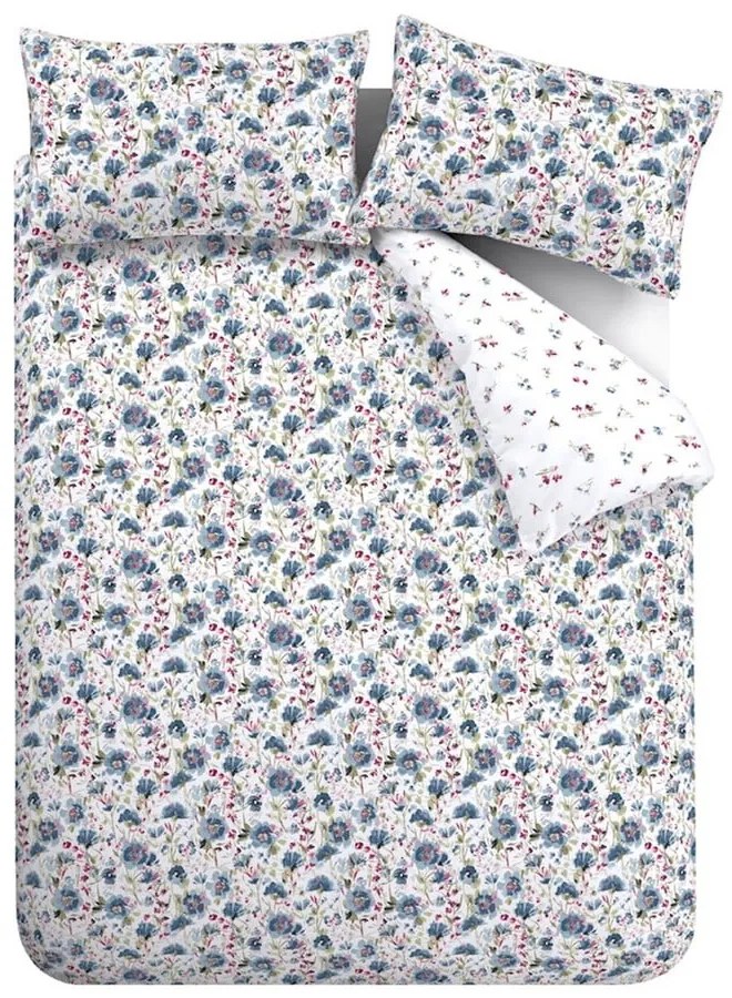 Biancheria da letto in flanella bianca e blu per letto matrimoniale 200x200 cm Ophelia Floral - Bianca