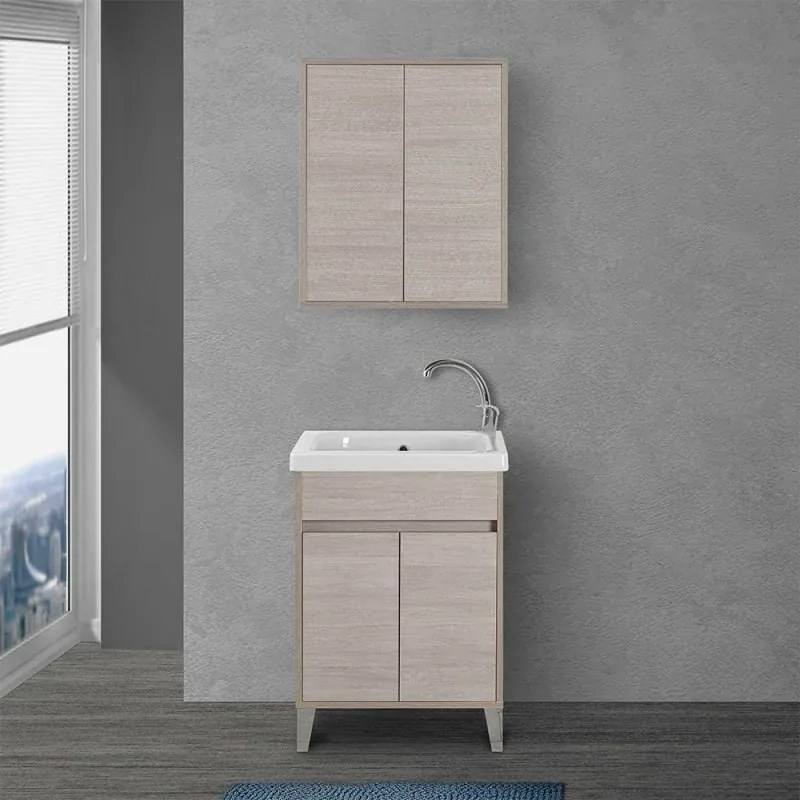 Mobile lavatoio 60x50 cm linea Way rovere chiaro con vasca e strofinatoio