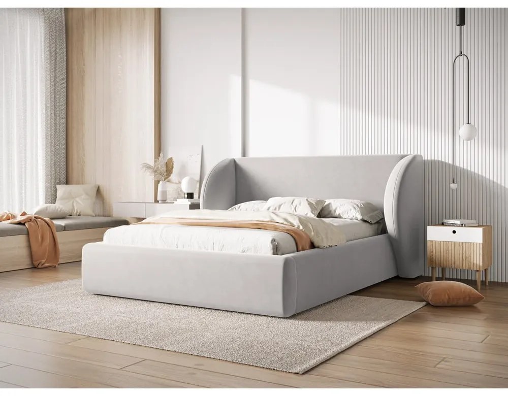 Letto matrimoniale imbottito grigio chiaro con contenitore con griglia 160x200 cm Miley - Micadoni Home