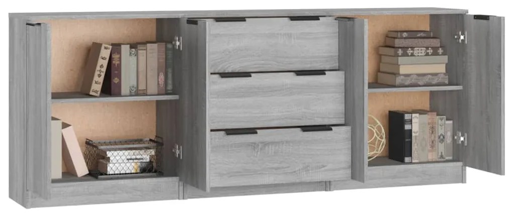 Credenze 3 pz grigio sonoma in legno multistrato