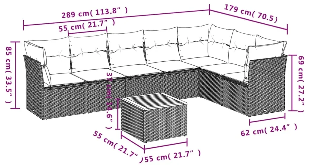 Set divani da giardino con cuscini 8 pz nero in polyrattan
