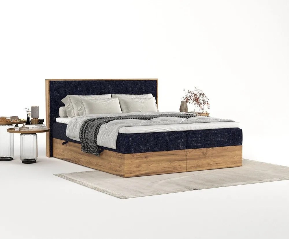 Letto boxspring con contenitore in blu scuro-naturale 200x200 cm Asahi - Maison de Rêve