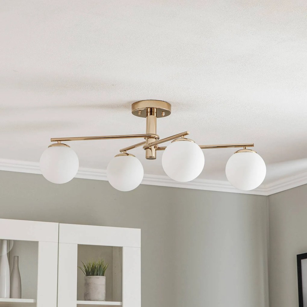 Plafoniera soffitto Bumerang Lucea, dimmerabile, Ottone / Oro, Soggiorno / Sala da pranzo, Vetro, Moderno, Plafoniera