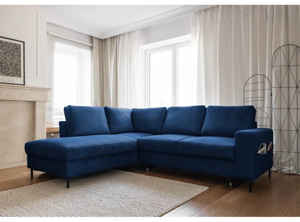 Divano letto angolare in velluto a coste blu scuro (angolo sinistro) Lofty Lilly - Miuform