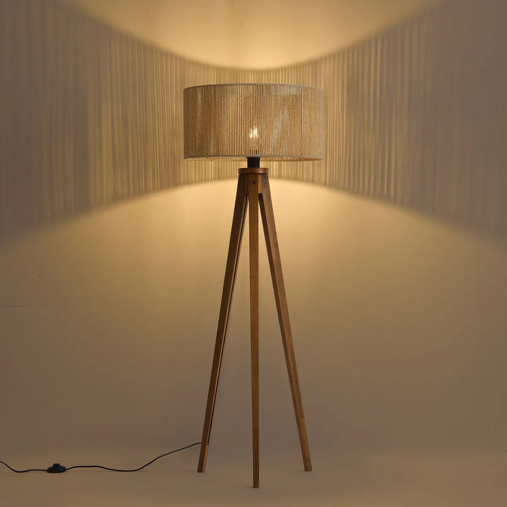 Lampada da terra vintage in legno con paralume in corda di carta beige 50/50/25 - Tripod Classic
