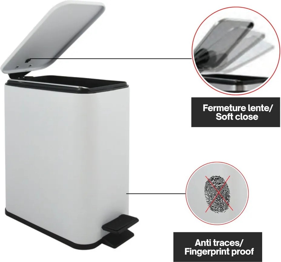 Cestino per la spazzatura bianco opaco in acciaio con pedale 5 l Erik – Spirella