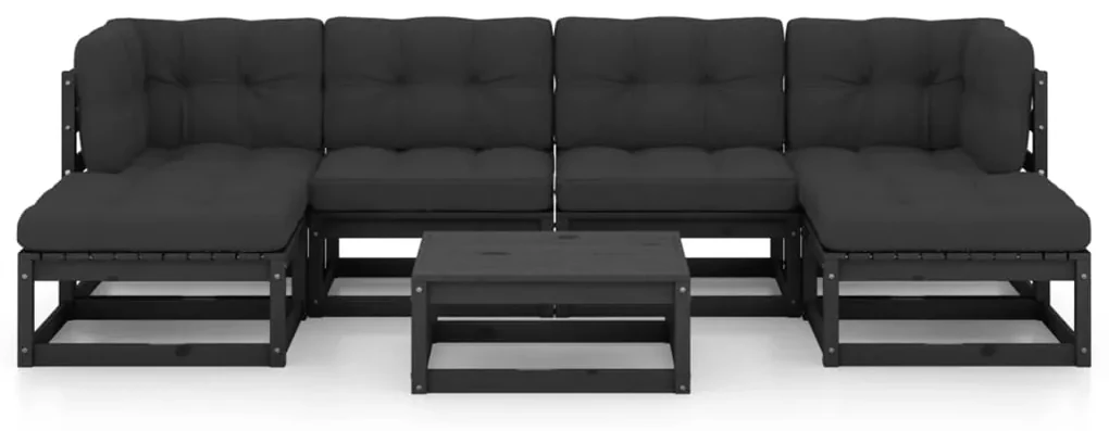 Set divani da giardino 7 pz con cuscini in pino massello nero