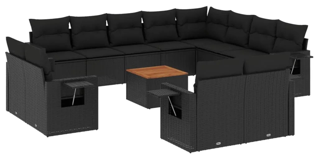 Set divani da giardino 13pz con cuscini nero in polyrattan