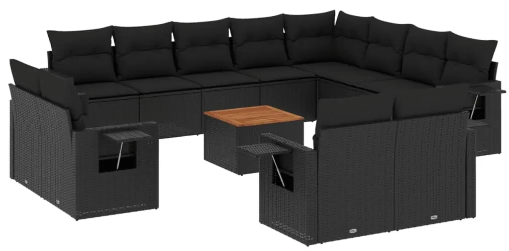 Set divani da giardino 13pz con cuscini nero in polyrattan