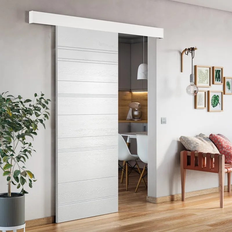 Porta scorrevole Mast Incisa in alluminio bianco, L 93 x H 212 cm, con binario Atelier bianco Reversibile