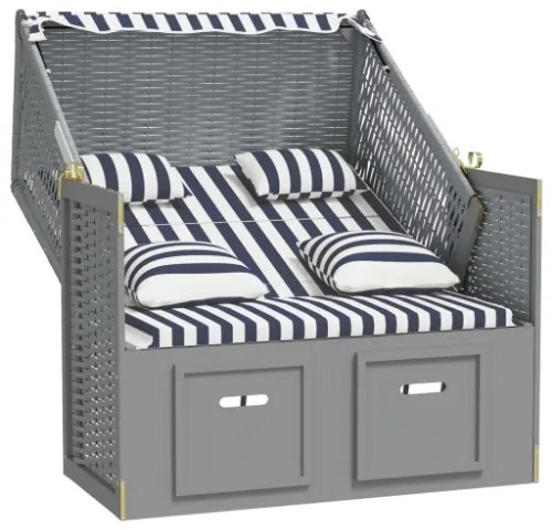 Strandkorb con Cuscini Polyrattan e Legno Massello Blu e Bianco