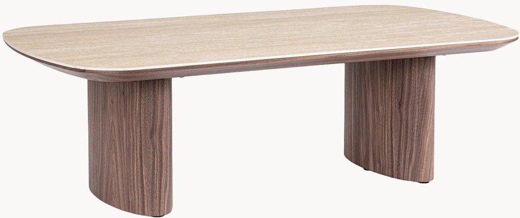 Tavolino ovale da salotto in legno con piano effetto travertino Ezekiel, Larg. 130 x Prof. 70 cm
