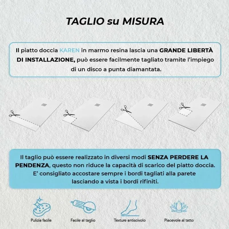 Piatto doccia filo pavimento Karen 120x120 in resina bianco pietra