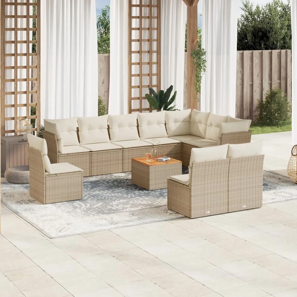 Set divani da giardino 11 pz con cuscini beige in polyrattan