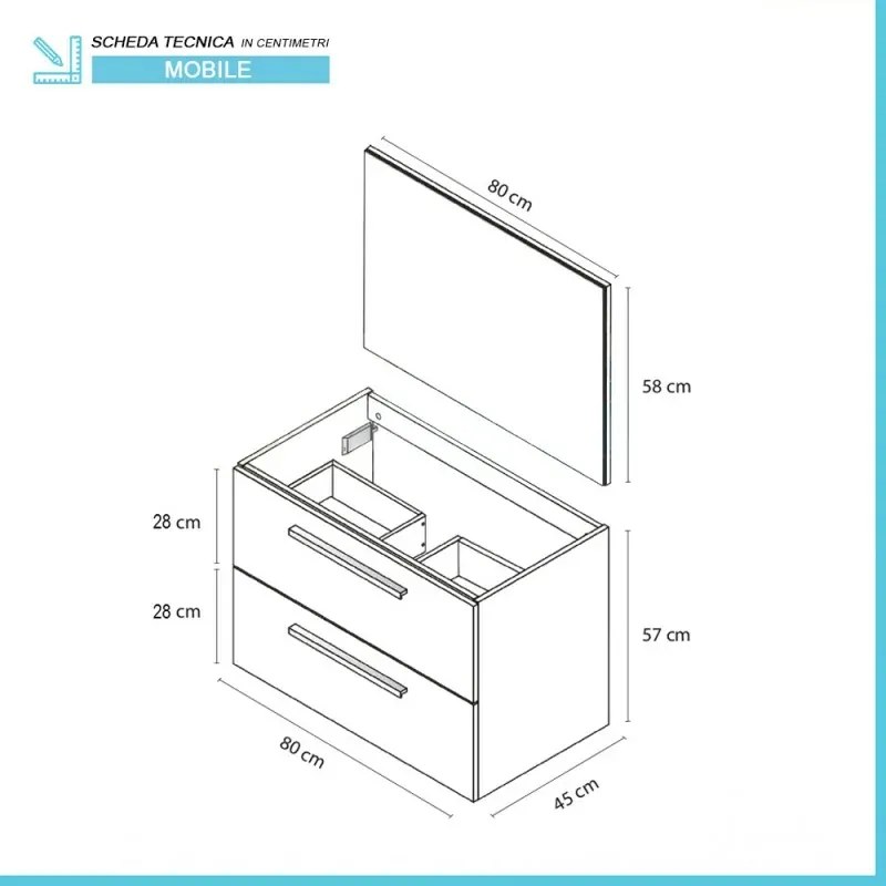 Mobile bagno sospeso 80 cm bianco lucido 2 cassetti e specchio