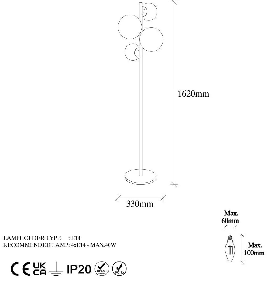 Lampada da terra dorata con paralume in vetro (altezza totale 162 cm) Fazli – Opviq lights