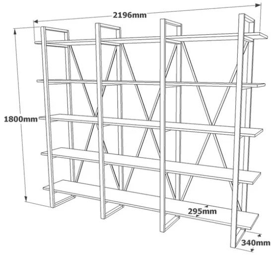 Libreria A Parete Stile Industrial 220x34x180 Cm 5 Ripiani Milano Rovere