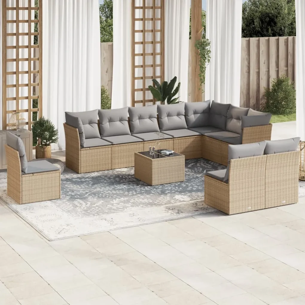 Set divani da giardino 11 pz con cuscini beige in polyrattan